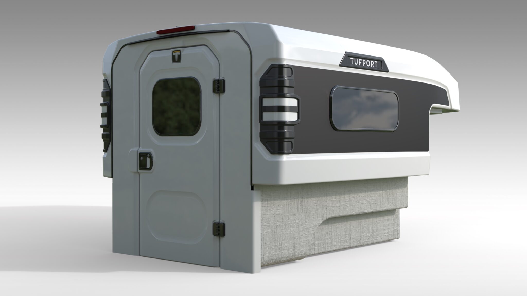 Rear corner view of the Tufport Overlander truck camper concept.